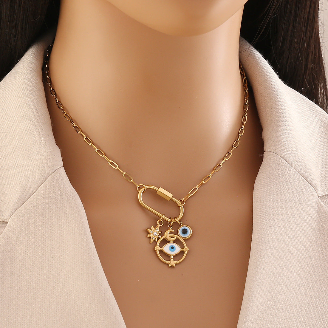 DIY Charm Bar Star Moon Pendant Stainless Steel Plated Rhinestone Necklace Unisex