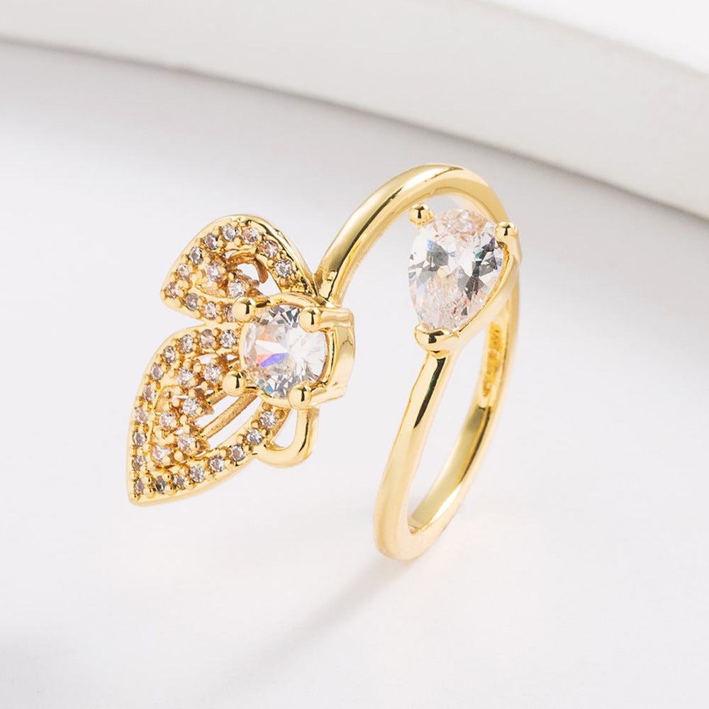 Elegant Butterfly-Shaped Geometric Open Ring for Women in Brass with Real Gold Plating, Micro-Pave Setting, Irregular Design