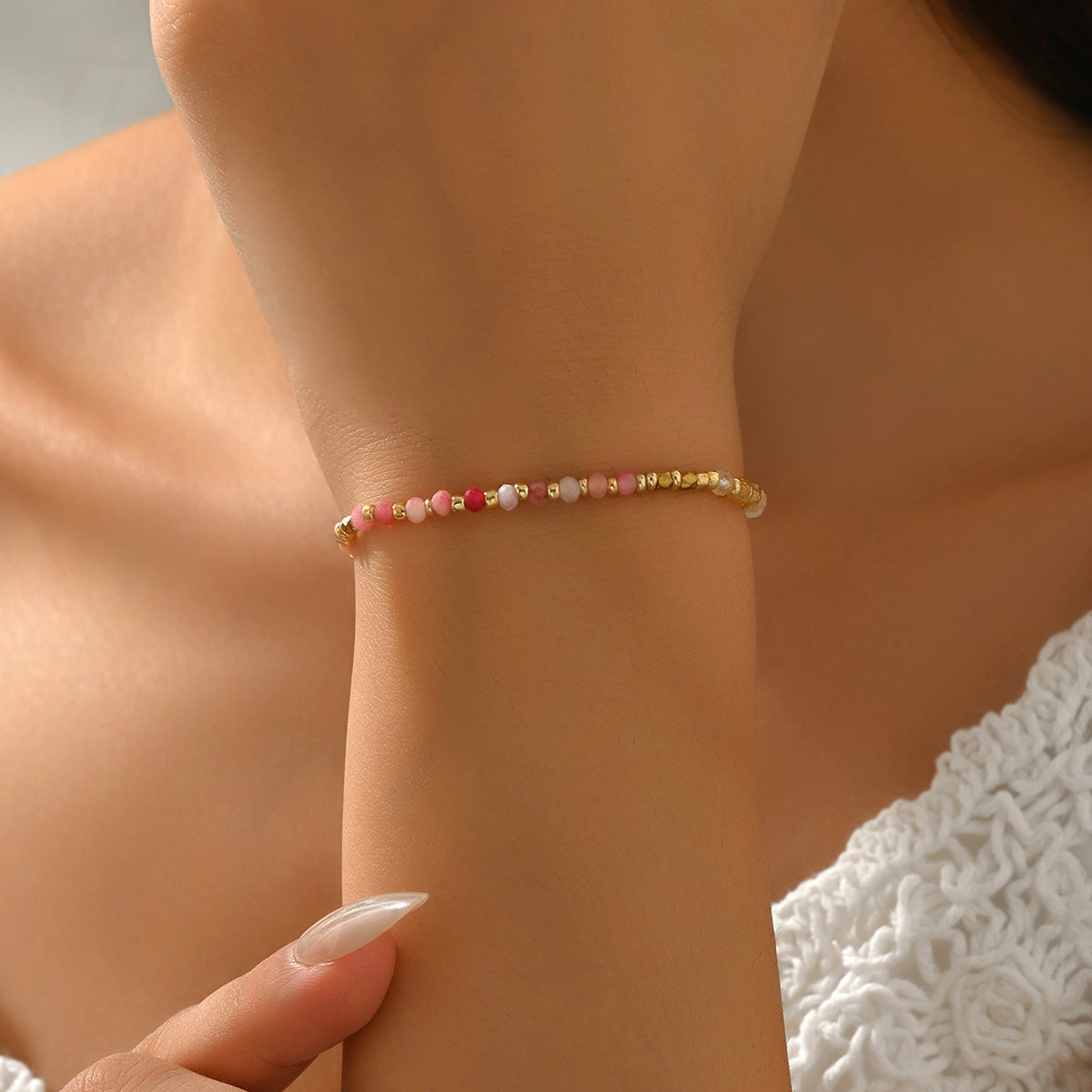 Pulsera de Piedra Natural Trenzada Geométrica de Moda para Mujeres con Patrón Redondo y Circular, Estilo Oficina Minimalista