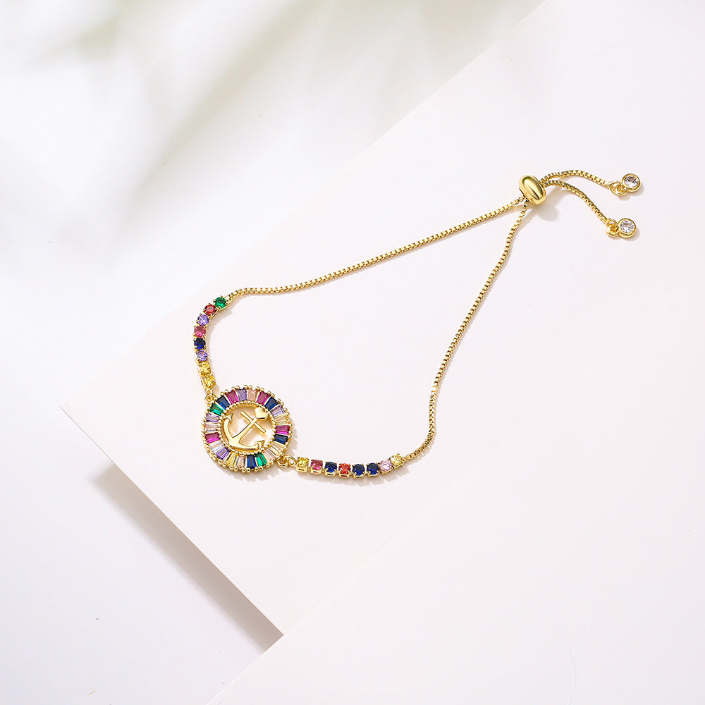 INS Style Geometric T-Shaped Cubic Zirconia Bracelet for Women Adjustable Drawstring Brass with 18K Gold Plating