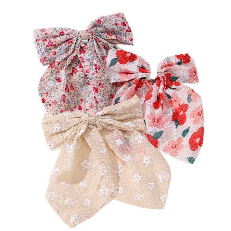 Natural Style Double-Layer Bow Hair Clip with Floral Print Satin Ribbon and Spring Clamp for Girls