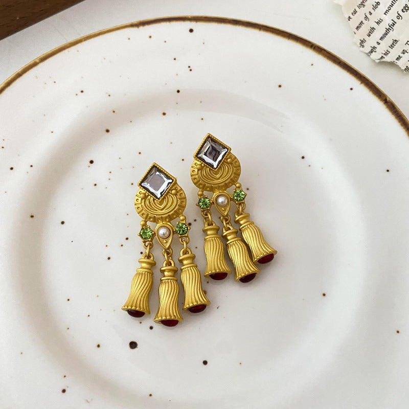 Pendientes de Ángel Retro Artísticos Ovalados con Incrustaciones de Pedrería para Mujer con Base de Cobre y Diseño Geométrico