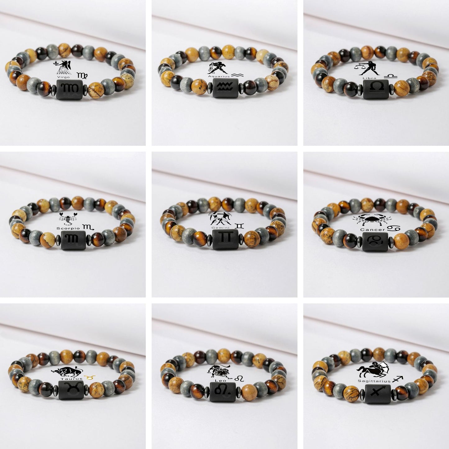 Handmade Round Tiger's Eye Beaded Bracelet Zodiac Constellation Design Unisex
