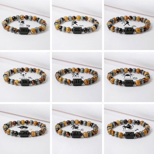 Handmade Round Tiger's Eye Beaded Bracelet Zodiac Constellation Design Unisex
