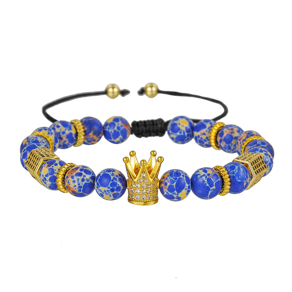 8mm Matte Black Turquoise Cubic Zirconia Crown Bracelet Adjustable Unisex Brass Jewelry