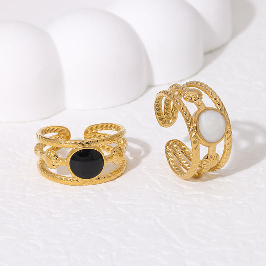Anello aperto da donna minimalista placcato oro 18K in acciaio al titanio stile vintage francese, con forma geometrica e finitura smaltata