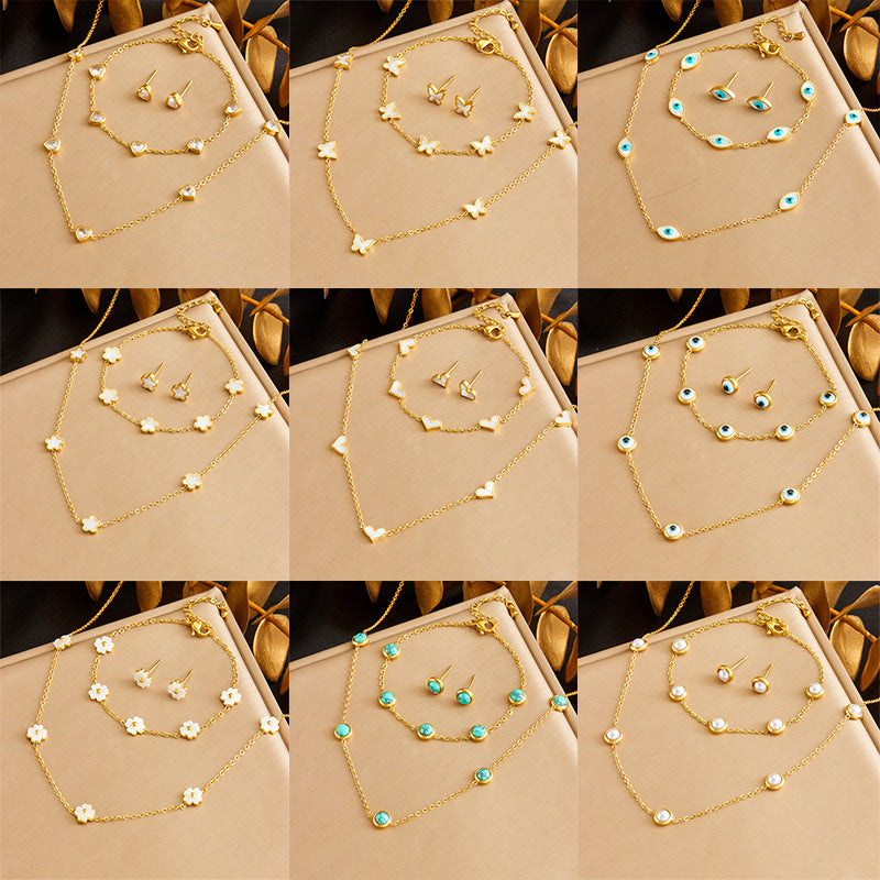 Vintage Elegant Round Heart Floral Turquoise Inlay Stainless Steel Jewelry Set for Women