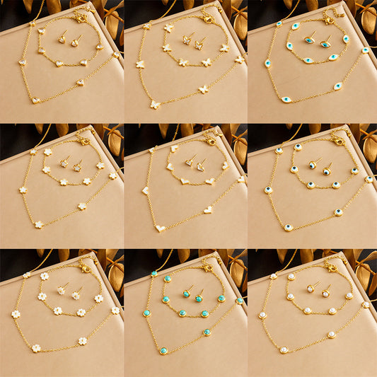 Vintage Elegant Round Heart Floral Turquoise Inlay Stainless Steel Jewelry Set for Women