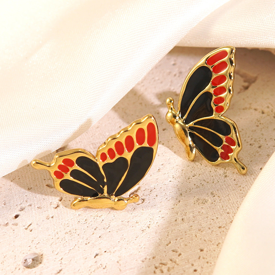 Sweet Minimalist Butterfly Drip Oil Stainless Steel Earrings for Women
