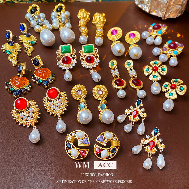 Pendientes de Ángel Retro Artísticos Ovalados con Incrustaciones de Pedrería para Mujer con Base de Cobre y Diseño Geométrico