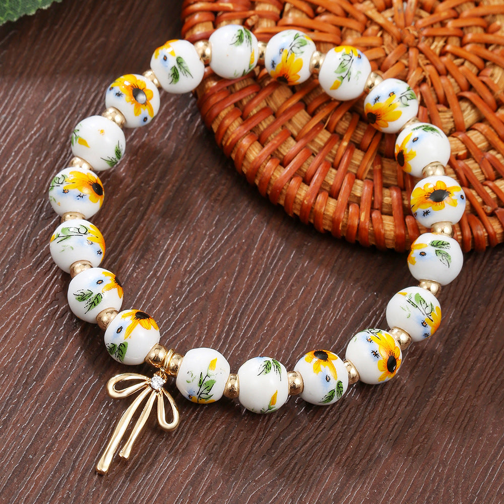 Geometric Round Ceramic Brass Cubic Zirconia Beaded Bracelet
