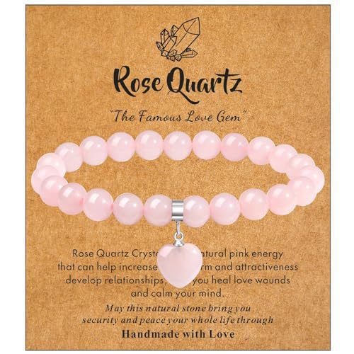 Minimalist 8mm Crystal Beaded Bracelet with Heart Pendant Polished Rose Quartz Rhodonite Elastic String