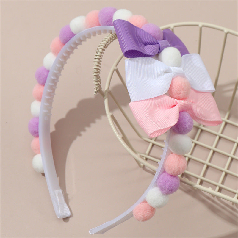 Graziosa Fascia per Capelli Minimalista per Bambini con Fiocco Abbinato e Dettagli Pompon in Viola Rosa e Bianco