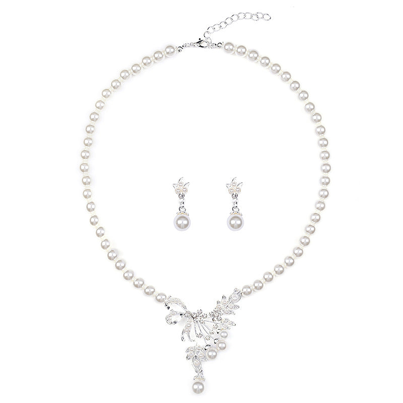 Chic Pearl-Embellished Alloy Drop-Shaped Floral Necklace and Earrings Set for Women with Tulip Peony and Wheat Motifs
