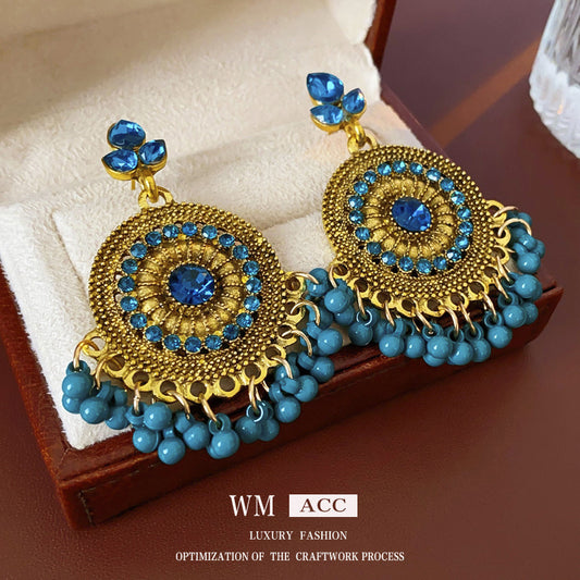 Vintage Ethnic Floral Earrings with Rhinestone Inlay in Alloy and Steel Posts, Geometric and Teardrop-Shaped Dangle Earrings for Women