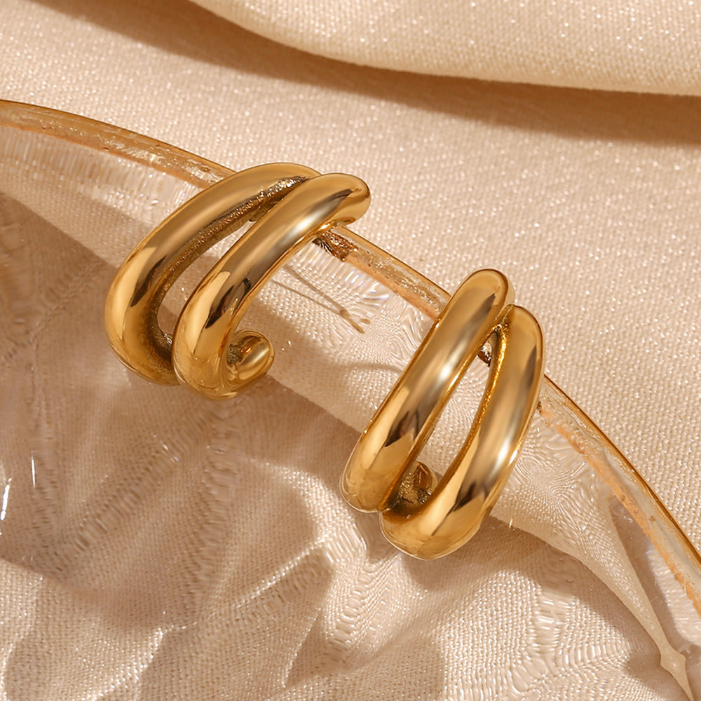 Minimalist Fashion Stainless Steel Plated 18K Gold Double-Layer Banana-Shaped Earrings for Women