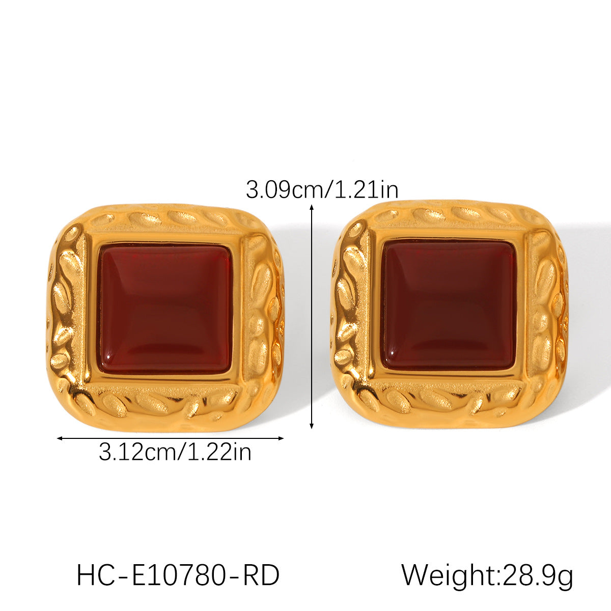 Retro French-Style Square Stainless Steel Hammered Texture Stud Earrings for Women with Agate Inlay, Hypoallergenic Plated Finish