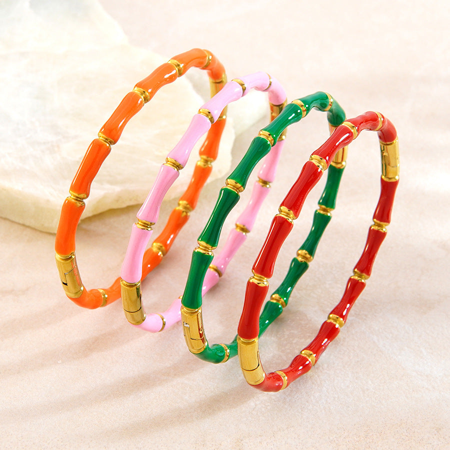 Pulsera de acero inoxidable chapado en oro de 18 quilates con bambú, estilo casual de moda