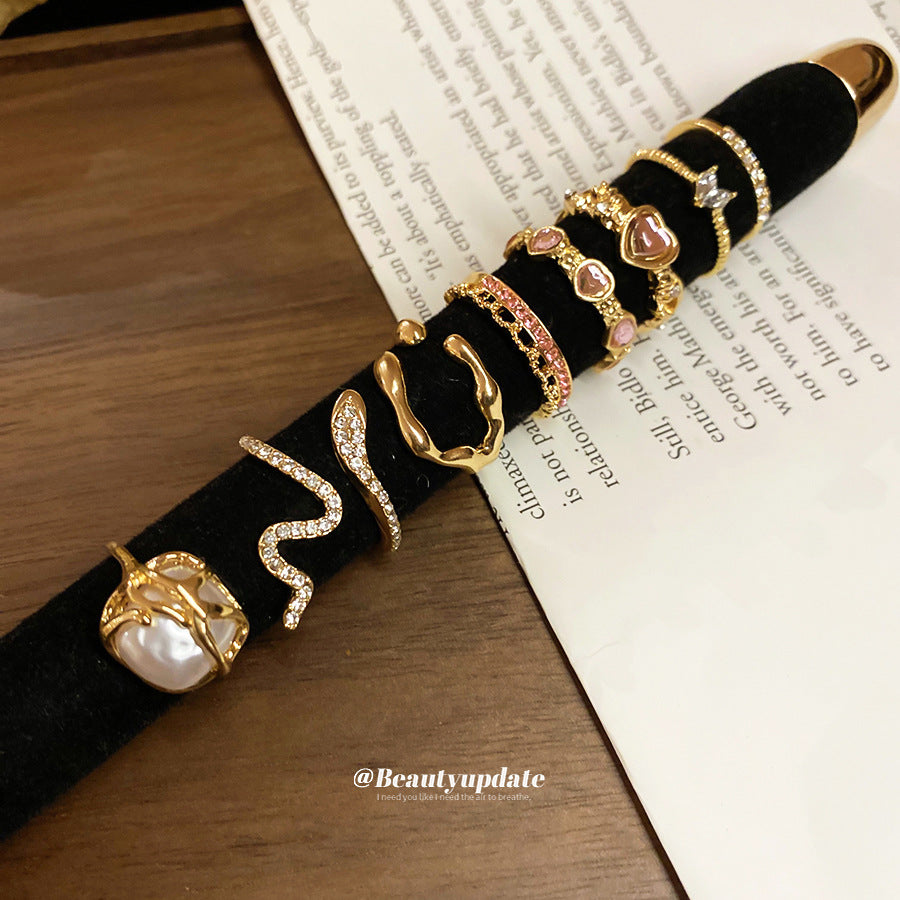 Set Anelli da Donna a Cuore Aperti Geometrici Lussuosi Minimalisti in Lega con Intarsio di Strass