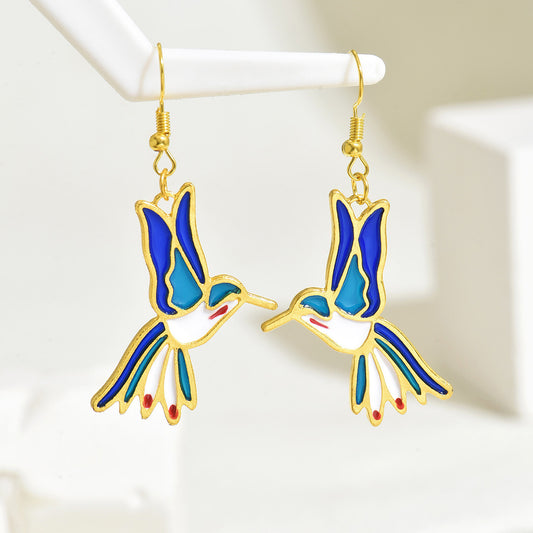 Orecchini a perno da donna minimalistici di lusso con colibrì, finitura smaltata, in lega di zinco a forma geometrica e animale