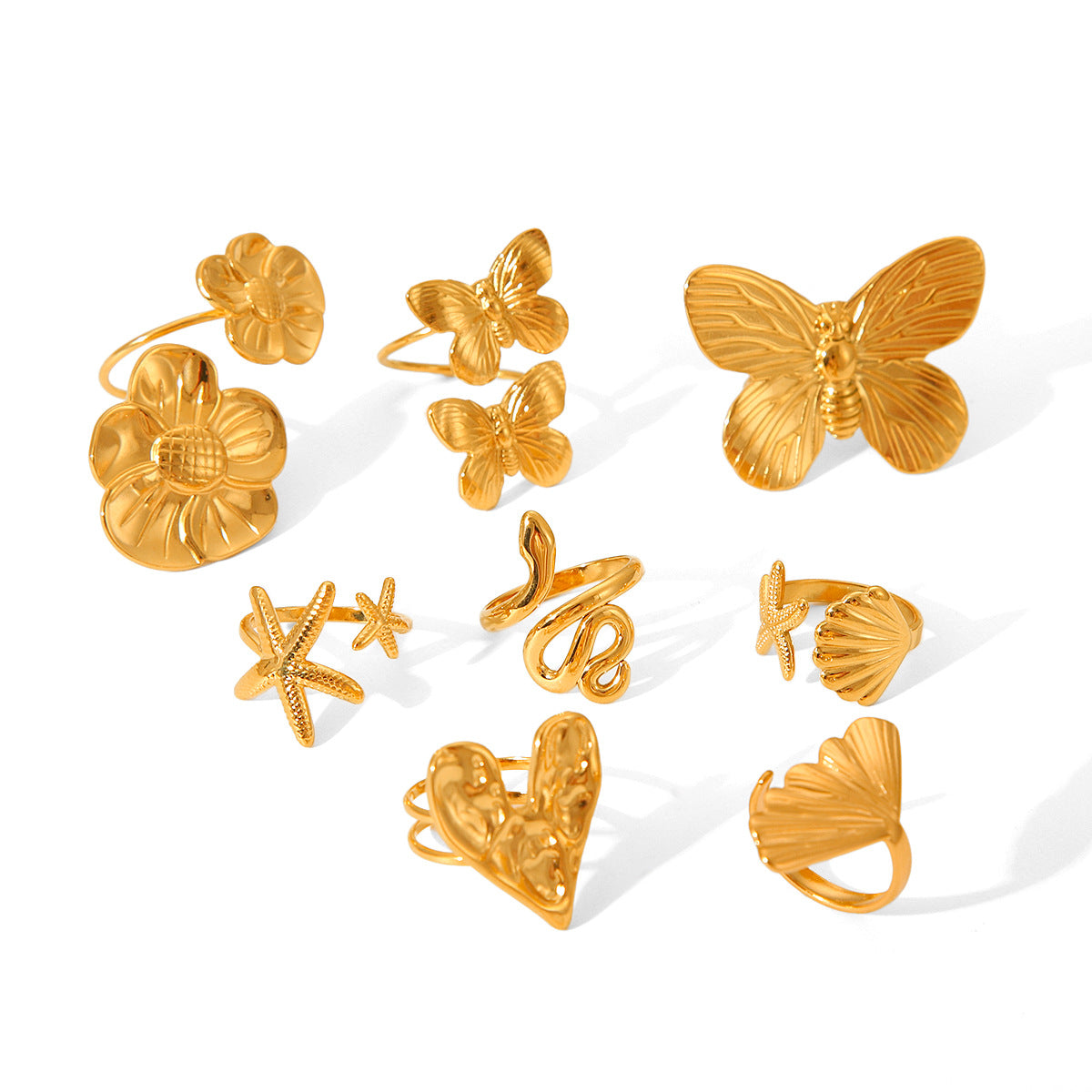 Anello Aperto in Acciaio Inossidabile da Donna con Farfalla Cuore Stella Fiore Geometrico e Animale, Stile Ins