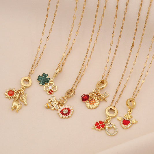 Fashion Rhinestone Inlaid Heart & Daisy Flower Brass Pendant Stainless Steel Serpentine Chain Necklace for Women DIY Charm Bar