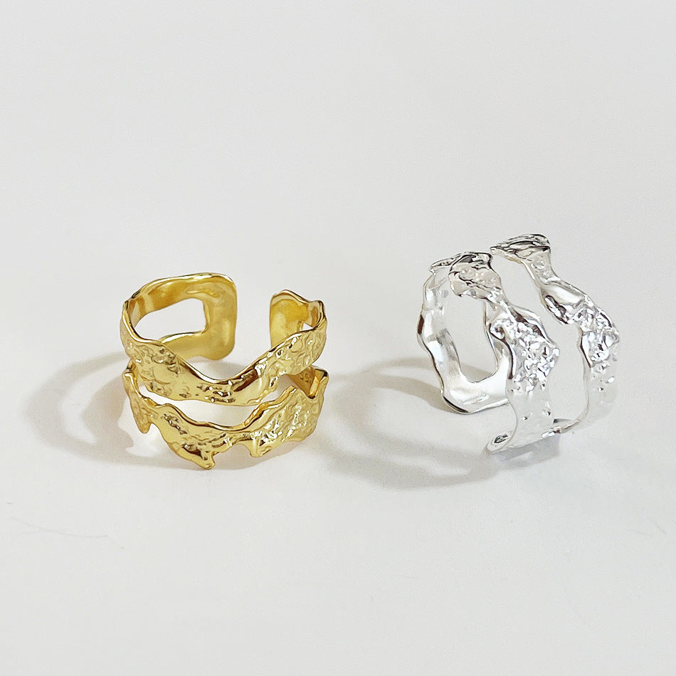 Irregular Textured Double-Layer S925 Sterling Silver Ring for Women with Chain-Inspired Design and Natural Texture