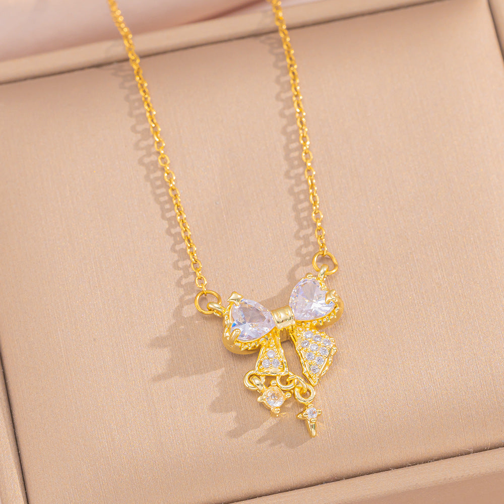 Luxury Bow-Shaped Zirconia Pendant Necklace for Women in Titanium Steel with Vacuum Plating and O-Chain