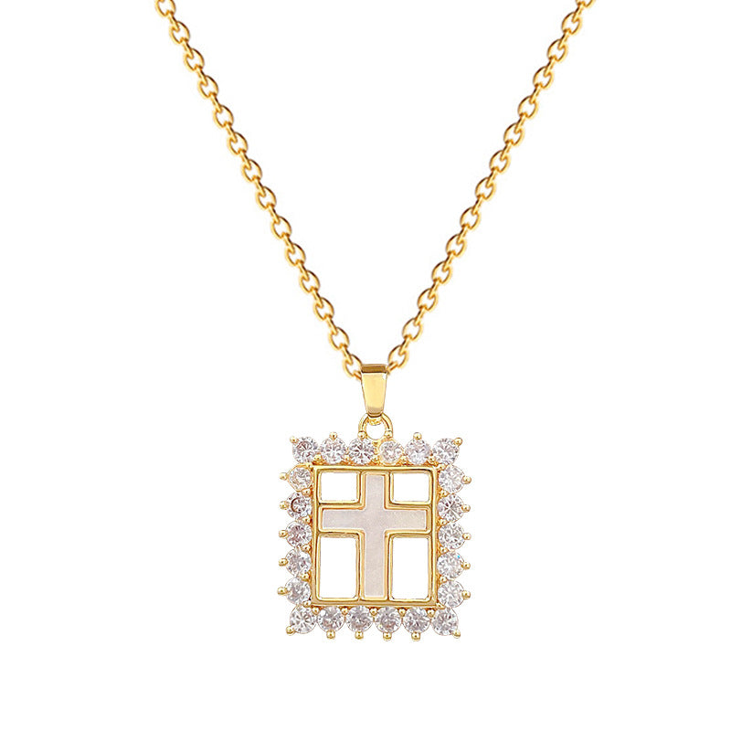 Sweet Minimalist Cross Micro-Inlaid Cubic Zirconia Brass Pendant Titanium Steel Necklace for Unisex