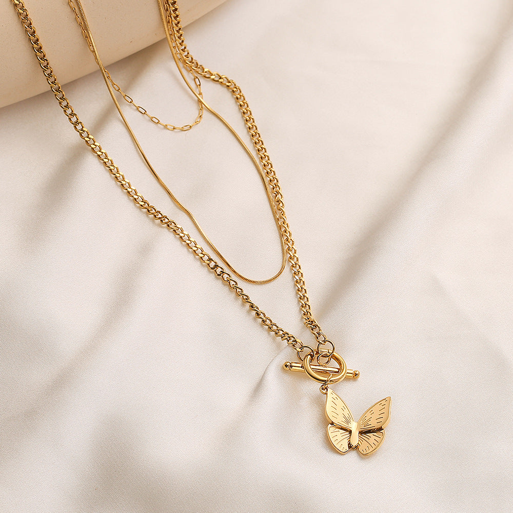 Multi-Layer Chain OT Clasp Butterfly Pendant Titanium Steel Necklace