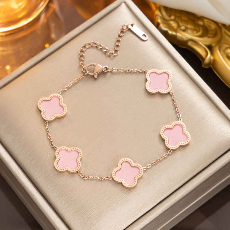 Fashion 18K Rose Gold Plated Titanium Steel Four-Leaf Clover Rhinestone Bracelet for Women