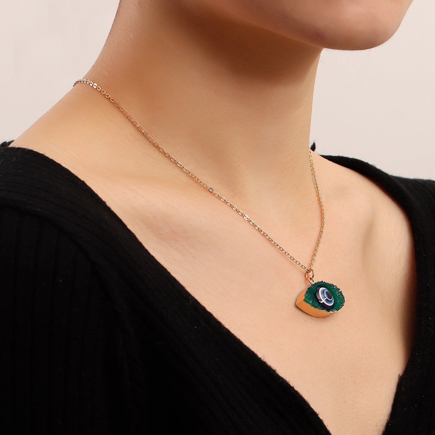 Minimalist Geometric Evil Eye Pendant Necklace for Women Alloy Chain with Plated Finish