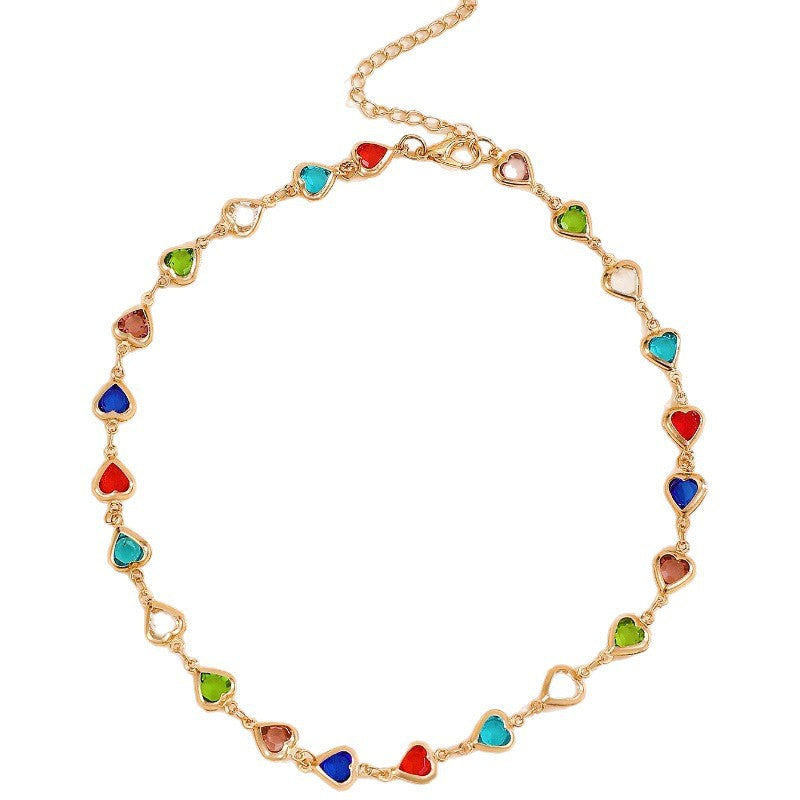 Colorful Heart Cubic Zirconia Alloy Necklace and Bracelet Set with Cable Chain