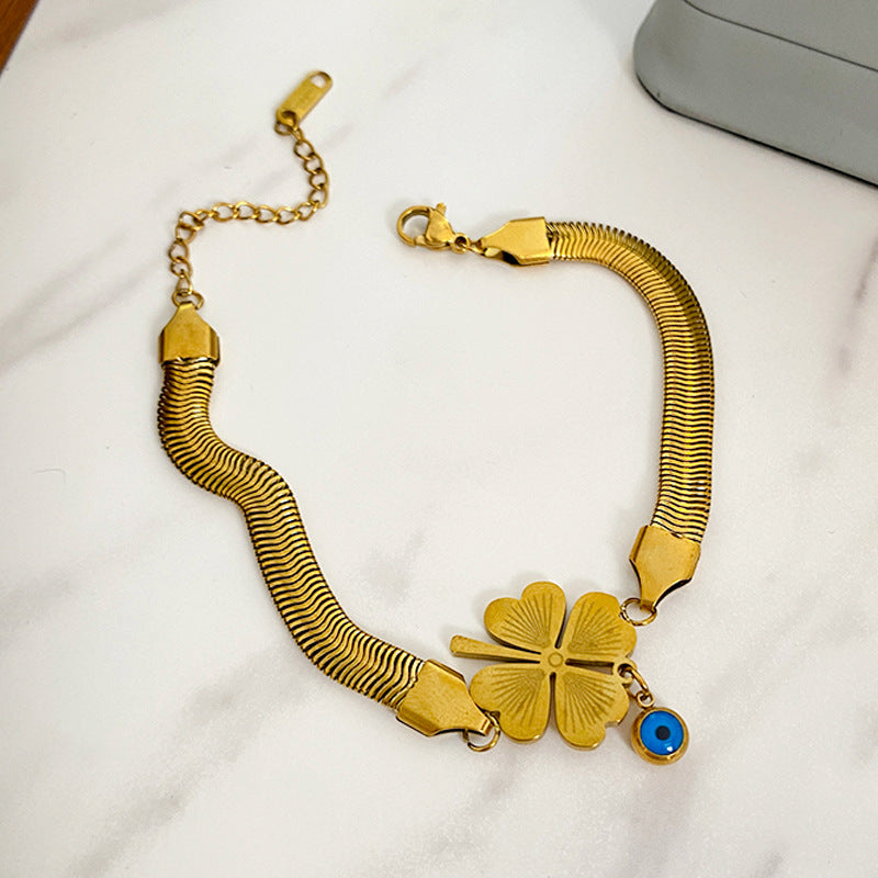 Gold Plated Titanium Steel Evil Eye Clover Bracelet Unisex