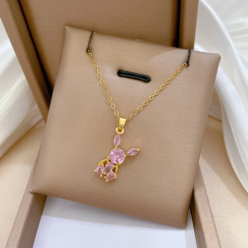 Pink Rabbit Pendant Necklace for Women Stainless Steel Chain with Full Rhinestone Accents Geometric Design Elegant Minimalist Locket Style