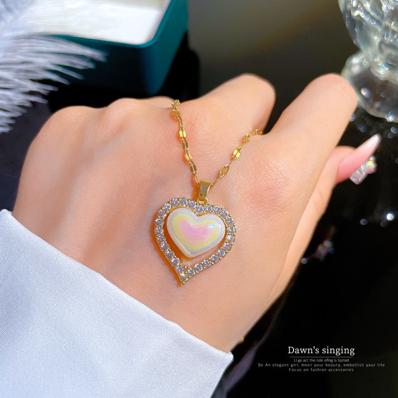 Luxury Titanium Steel Micro-Paved Zircon Heart Necklace with Geometric Design for Women, Adjustable Chain up to 50cm