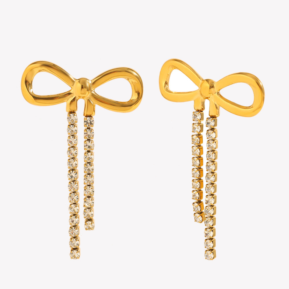 Orecchini pendenti a fiocco in acciaio inossidabile placcato oro 18K con accento in zircone, design minimalista e moderno, adatti per l'uso quotidiano