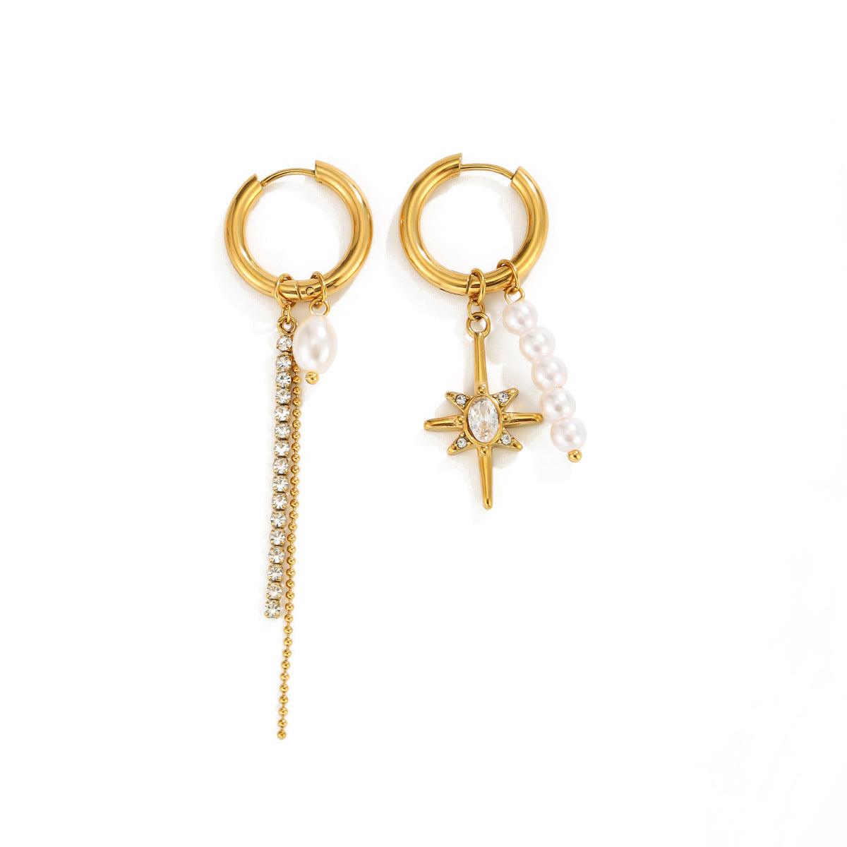 Personalized Eight-Pointed Star Pearl Rhinestone Inlay Stainless Steel PVD Hoop Earrings with Chain Tassel