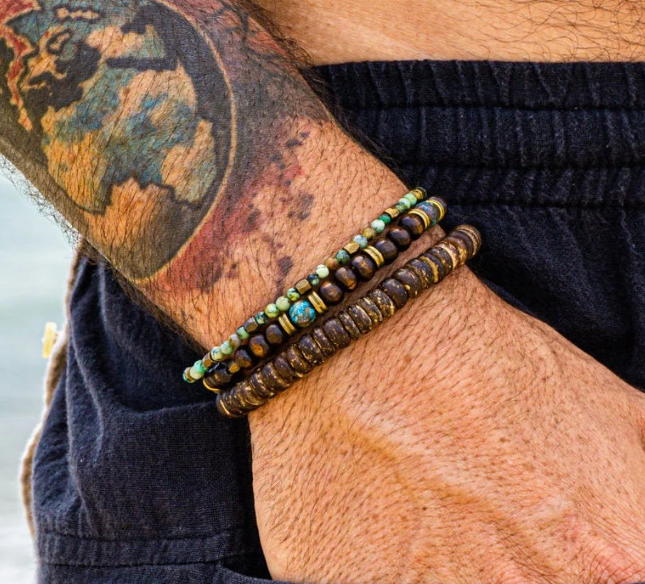 Bohemian Geometric Wood Bead and Turquoise Stretch Bracelet for Men and Women