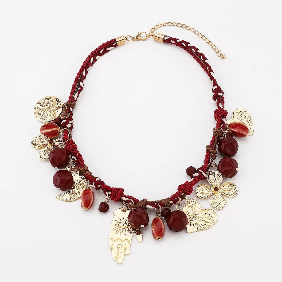 Vintage Geometric Hand Heart Moon Alloy Plated Necklace with Red Beads Rope Chain Unisex