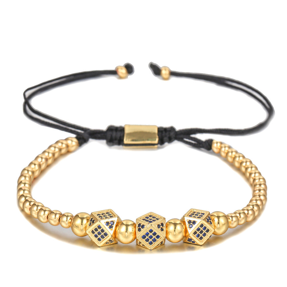 Unique Geometric Handmade Brass Bracelet with Cubic Zirconia and Adjustable Beads
