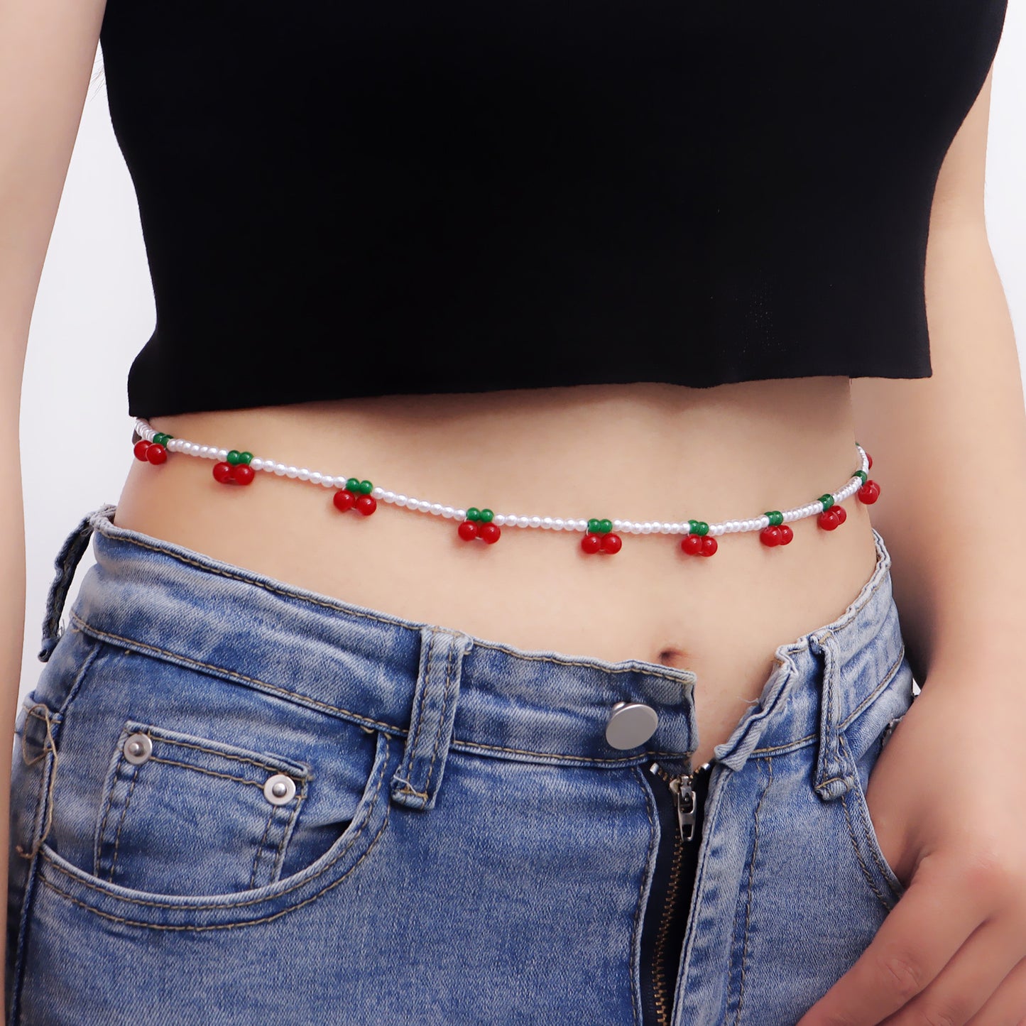 Punk Ethnic Red Cherry Imitation Pearl Beaded Waist Chain for Women