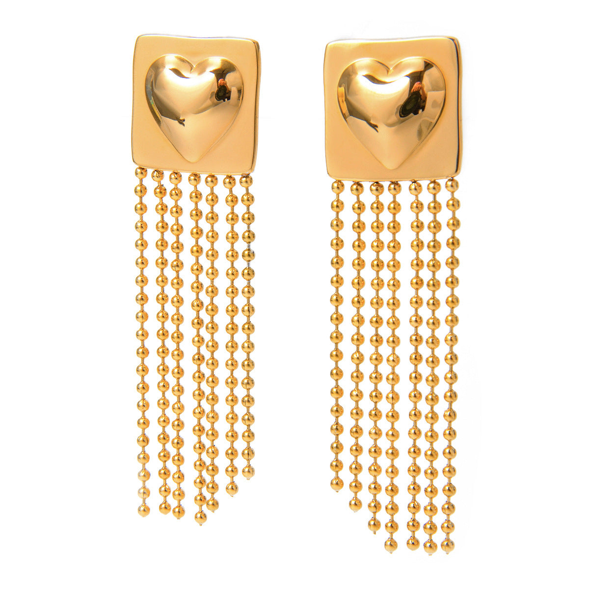 18K Gold Plated Stainless Steel Square Heart Tassel Earrings