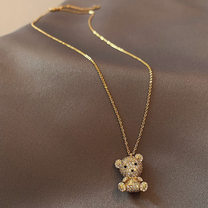 Original Design Bear Pendant Necklace for Women and Men in Titanium Steel with Mixed Gemstone Inlay, Minimalist Animal-Shaped Layered Chain