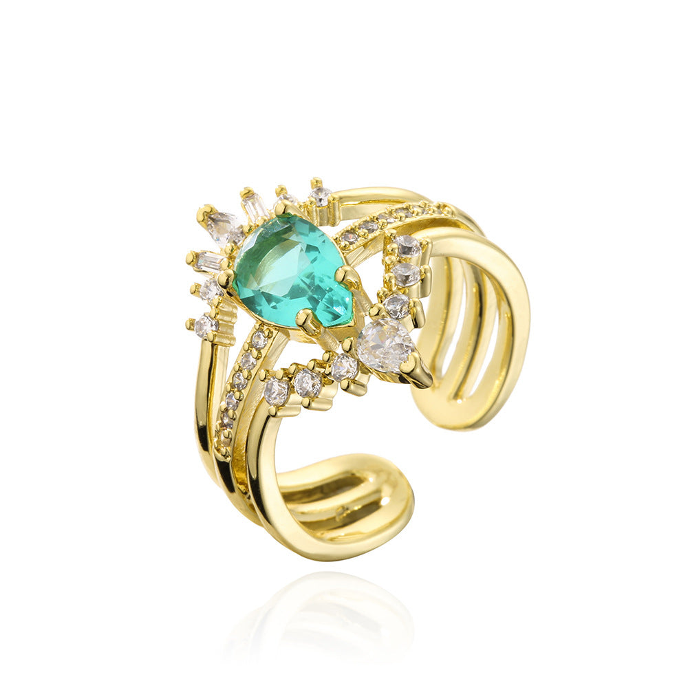 Fashionable 18K Gold Plated Geometric Open Ring with Emerald Zircon for Women