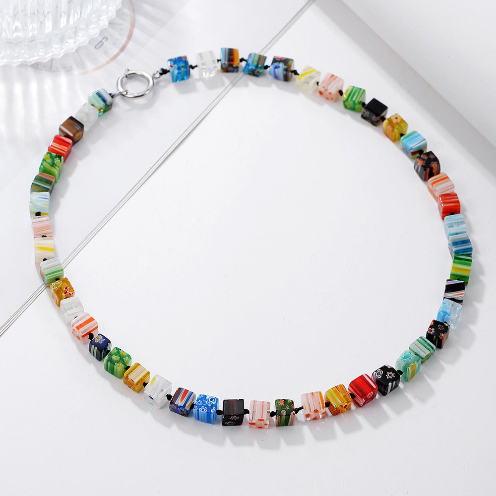 Unique Geometric Round Murano Glass Bead Stainless Steel Plated Alloy Pendant Multi-layer Cable Chain Necklace for Women