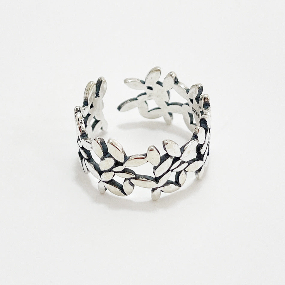 S925 Sterling Silver Leaf Ring Floral Vintage Minimalist Retro Open Band Ring for Women
