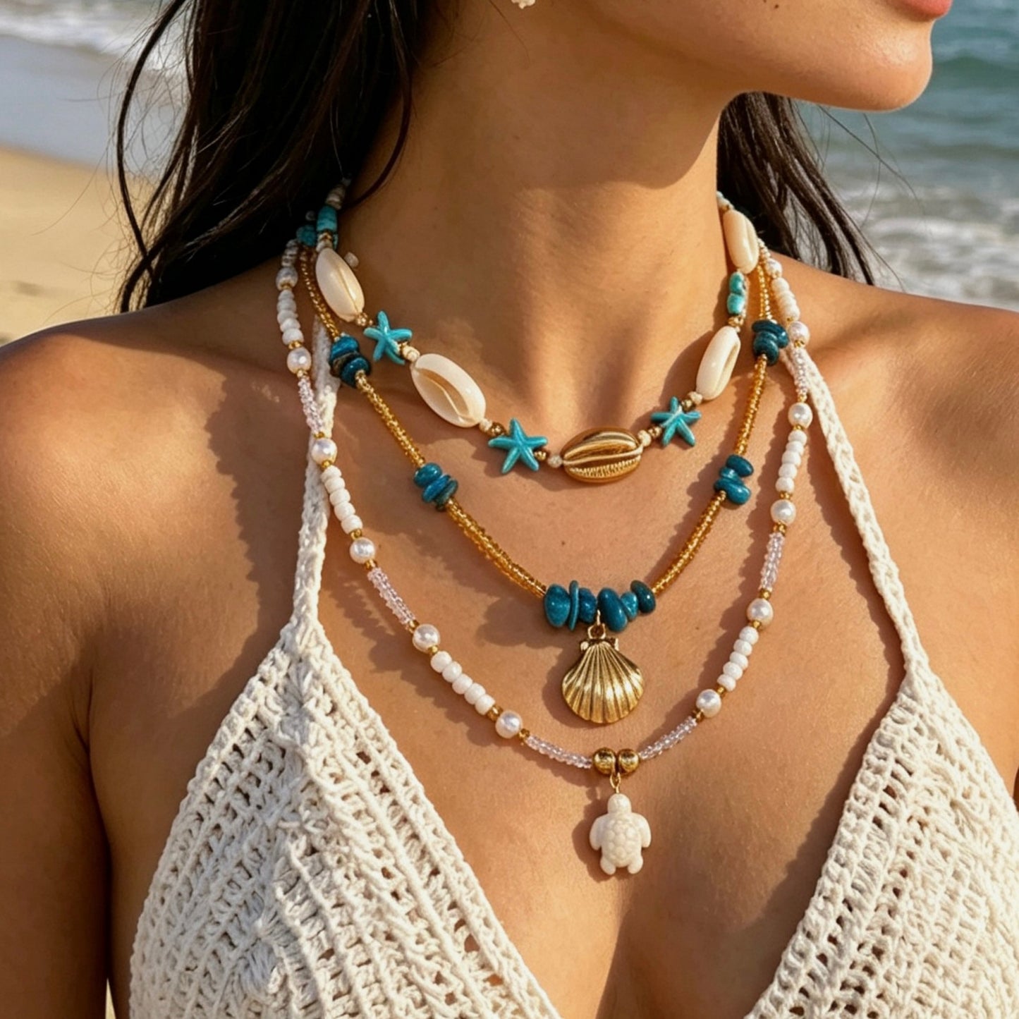 Collar multicapa informal con dije de estrella y concha con baño de aleación para mujer