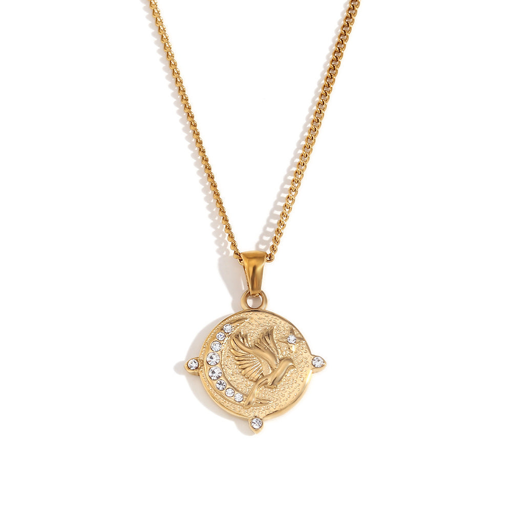 Vintage Minimalist Round Geometric Pendant Necklace in Stainless Steel with 18K Gold Plating for Women