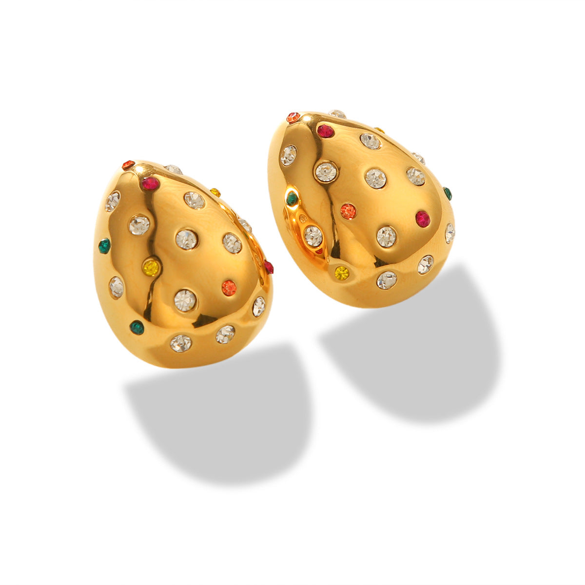 Fashionable 18K Gold Plated Water Drop Stainless Steel Earrings for Women with Rhinestone Inlay
